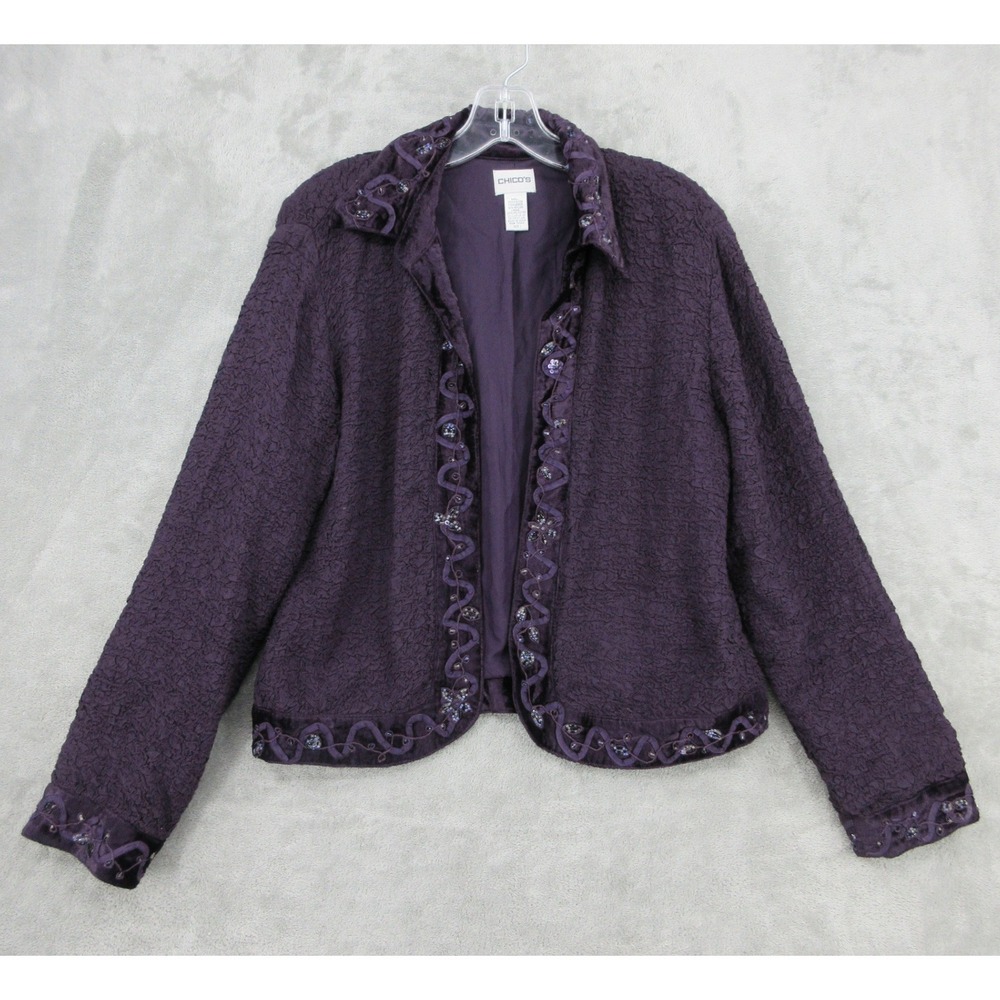 Chicos Jacket Womens Size 1 M Textured Beaded Velvet Trim Open Front Evening